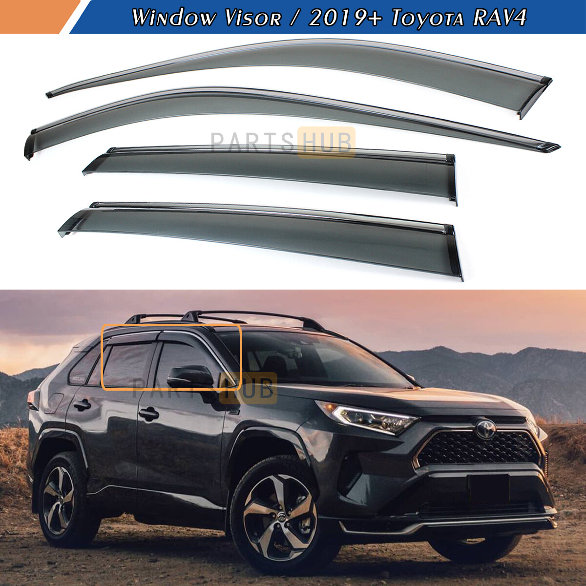 For 2019-2024 Toyota RAV4 Chrome Trim Smoke Tinted Window Visors Rain Guards