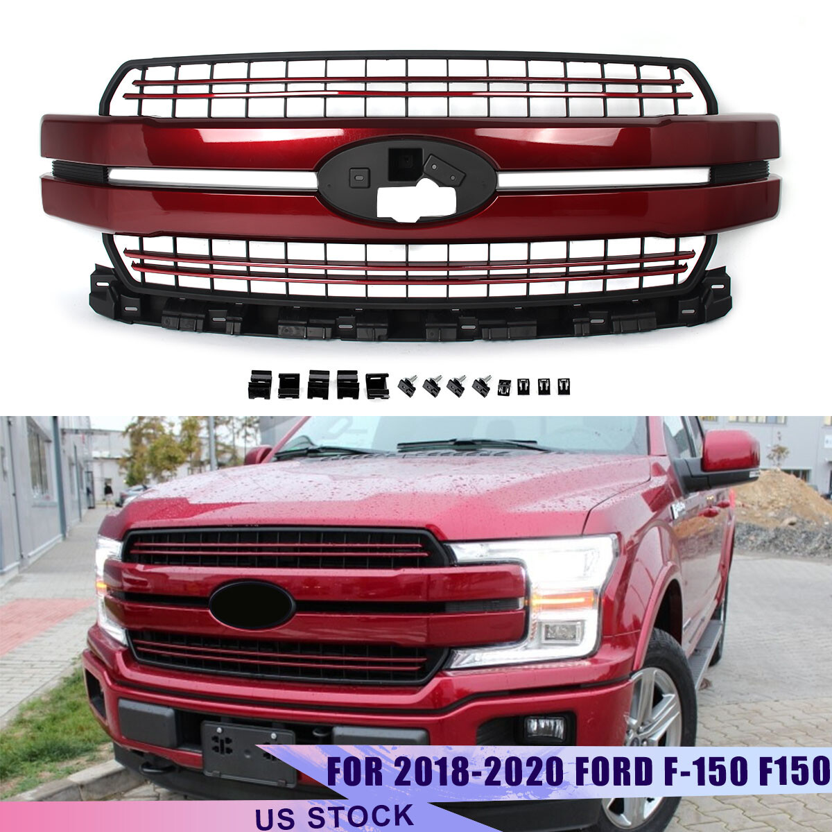 For F150 Truck Ford F-150 2018-2020 Front Grille Grill Ruby Red Metallic Trims