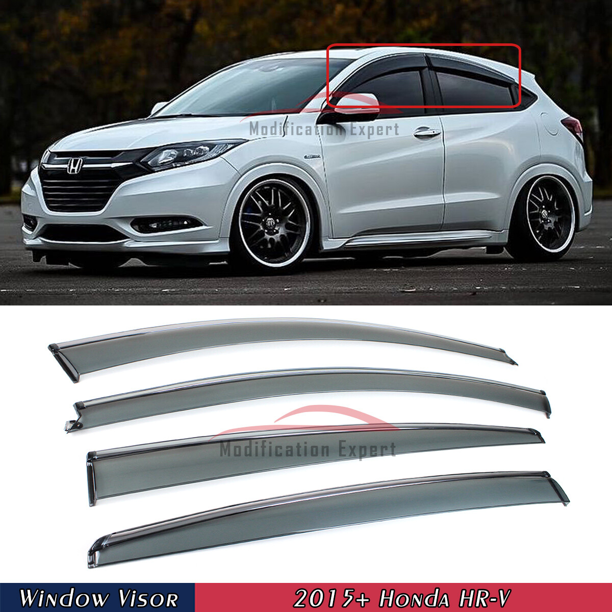 For 2015-2022 Honda HR-V HRV Chrome Trim Smoked Tinted Window Visors Rain Guards