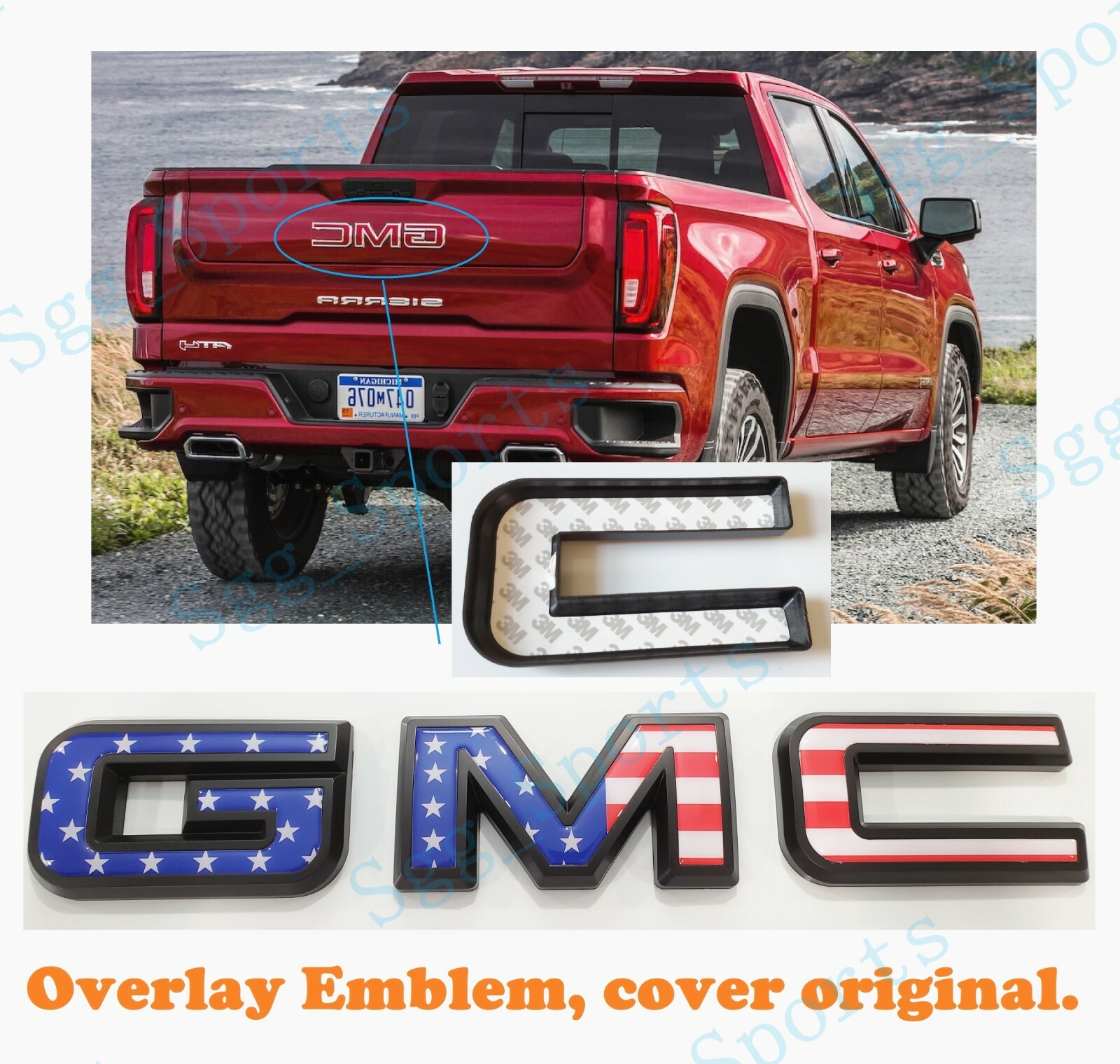 2019-2023 GMC Sierra 1500 2500HD 3500HD Rear Only Blue USA Flag OVERLAY Emblem