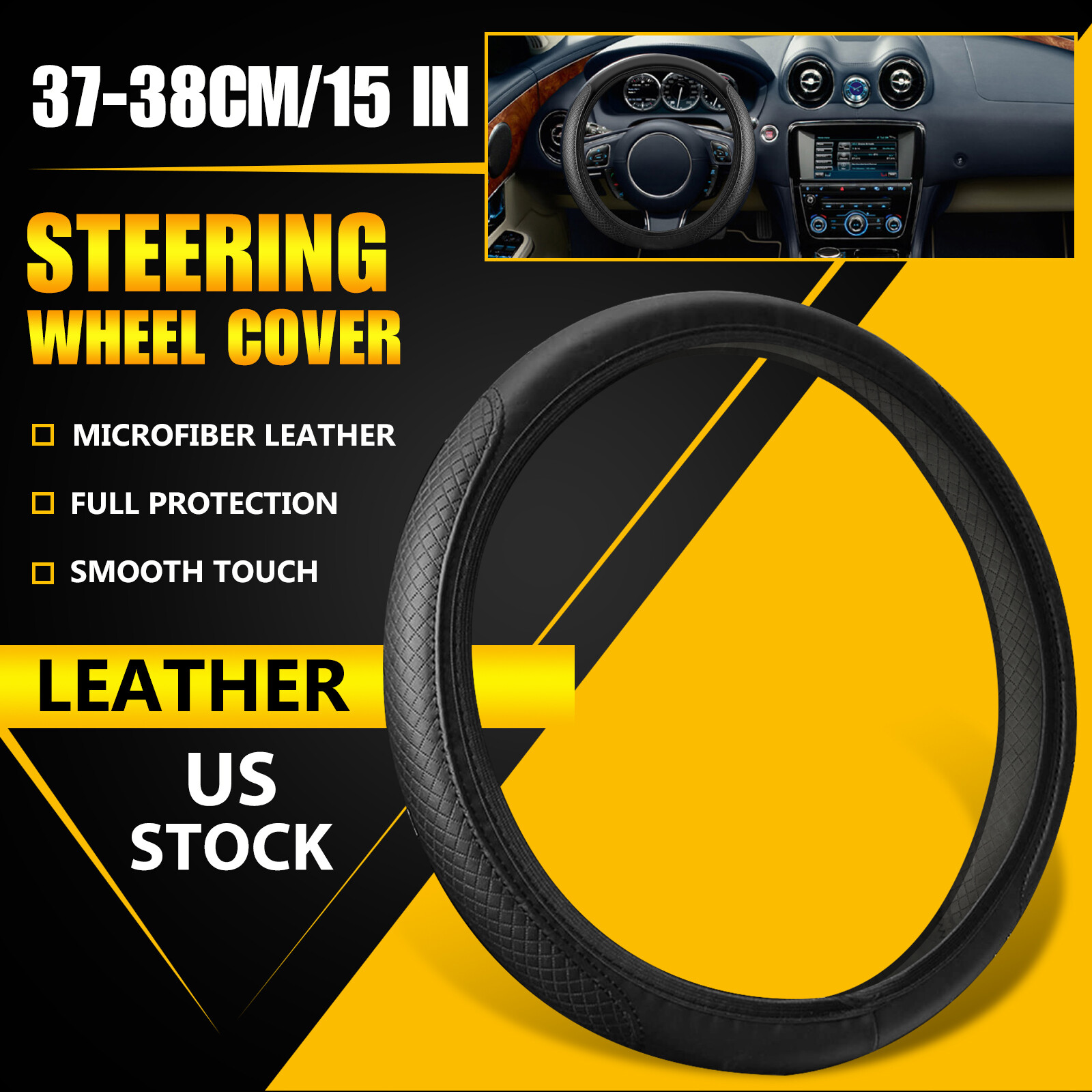 Universal Car Steering Wheel Cover Accessories PU Leather Auto Non-slip 15″/38cm