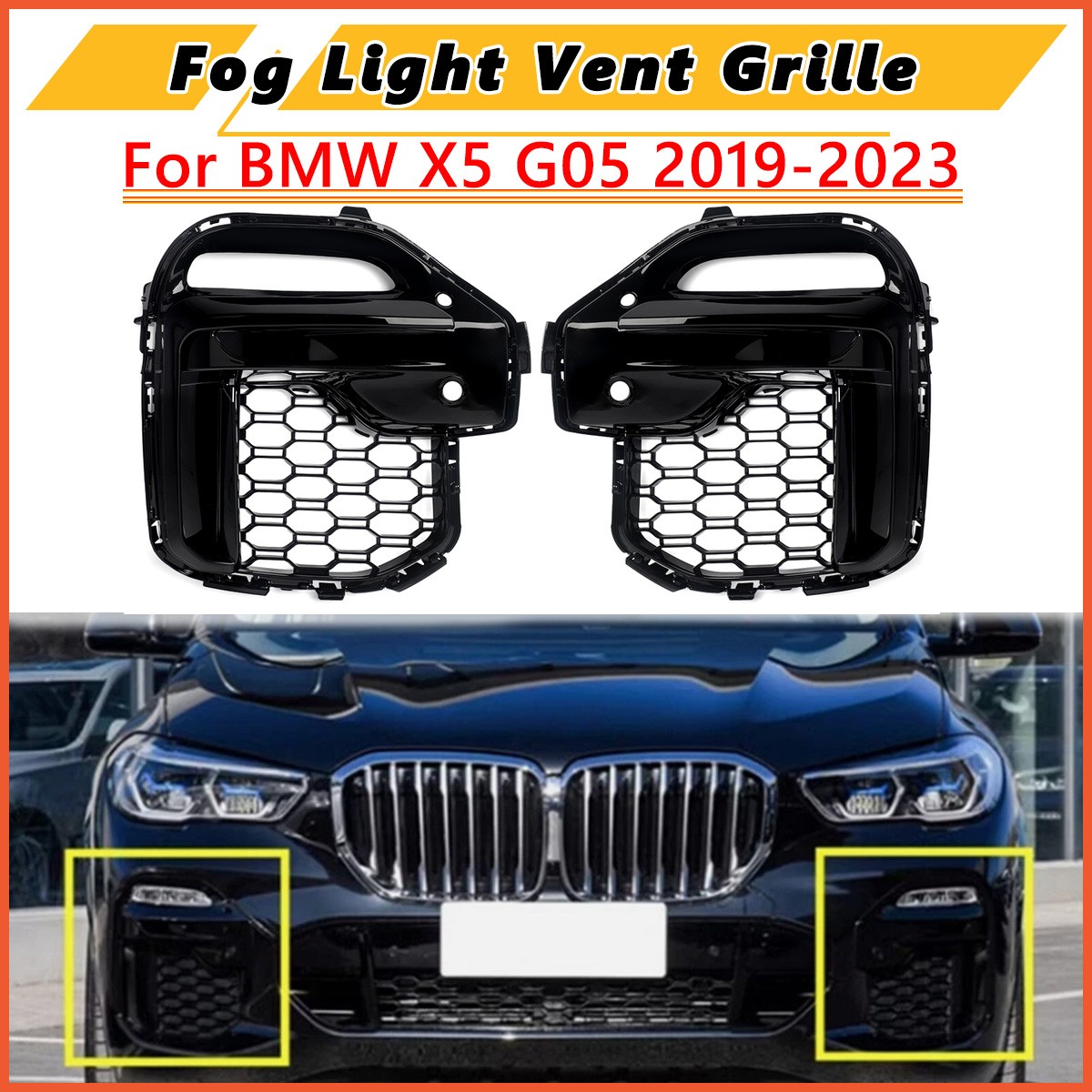 2x Gloss Black Front Bumper Side Fog Light Grille Cover For BMW X5 G05 2019-2023