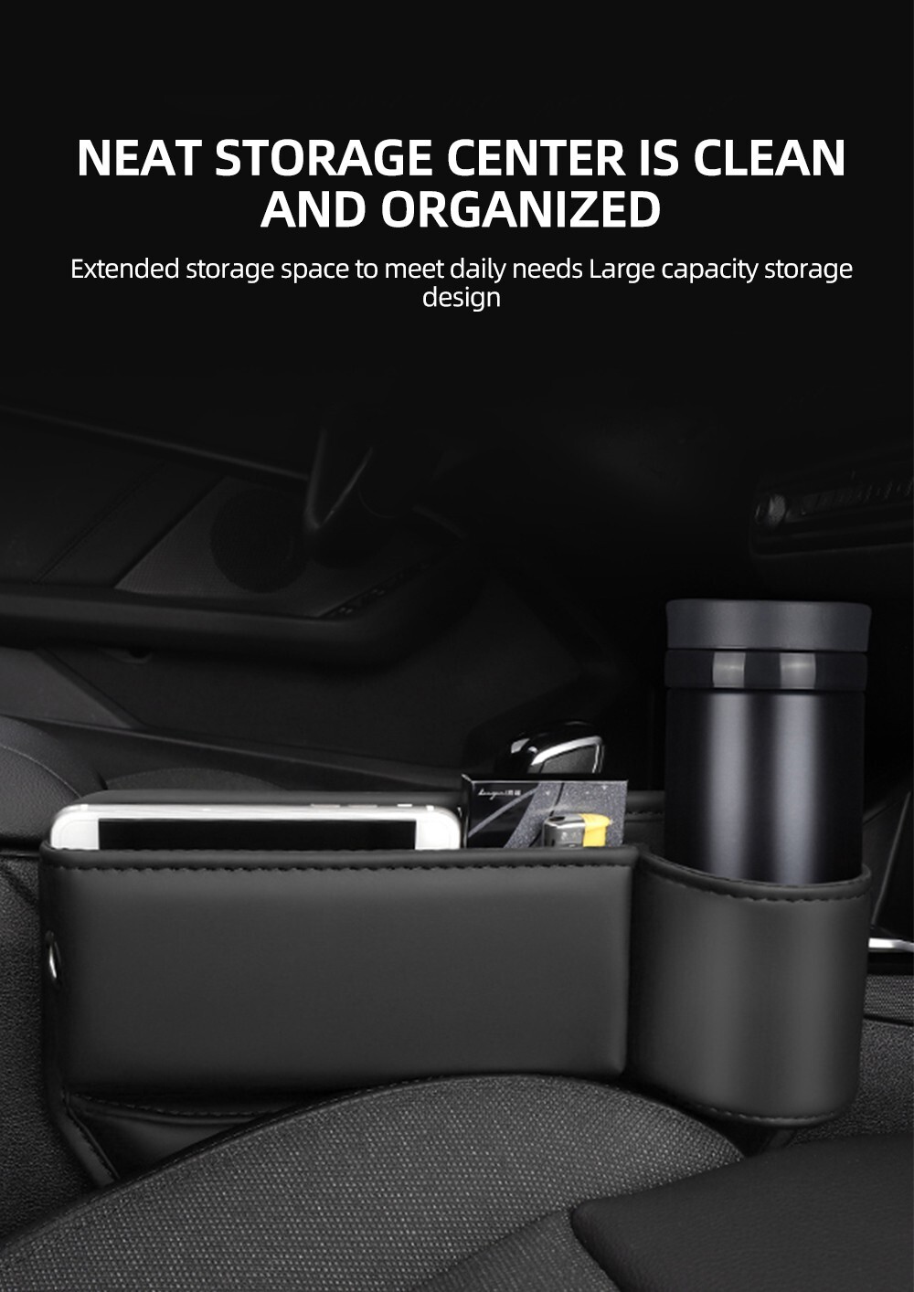 PU Leather Car Seat Gap Filler Storage Box Organizer Right Side W/Bottle Holder
