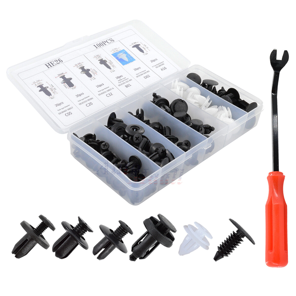 100 Mixed Auto Car Body Push Type Door Panel Clip Assortment Bumper Fender +Tool