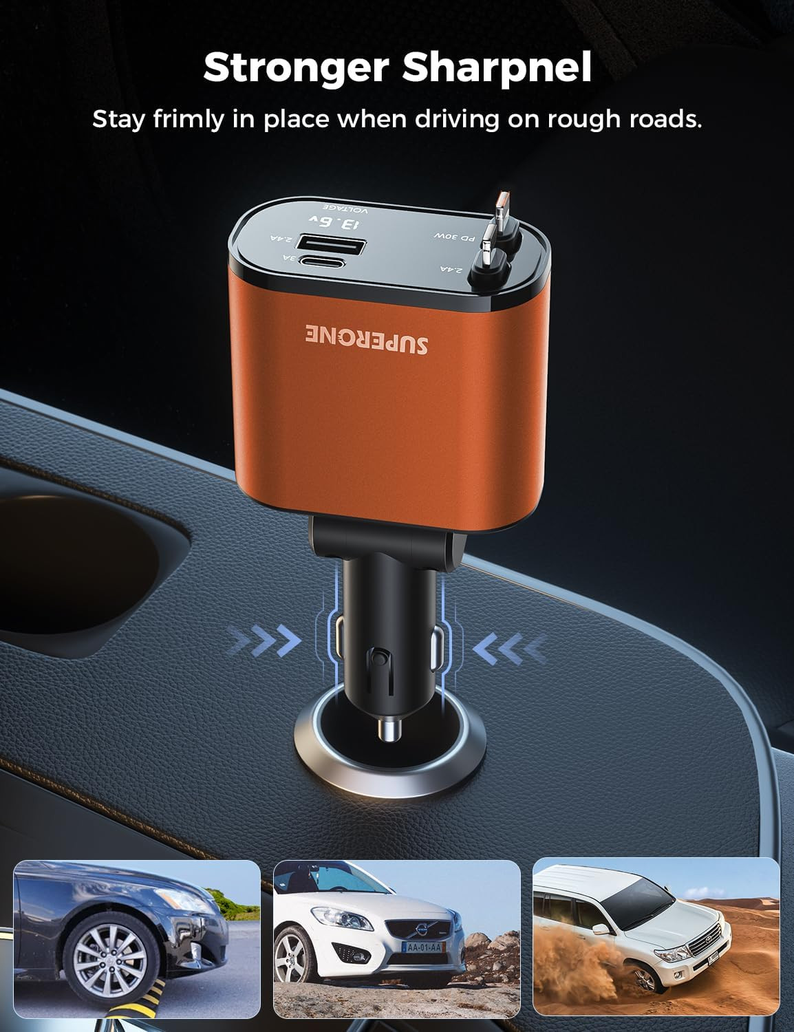 【Upgraded】 Retractable Car Charger 4 In 1 Fast Car Phone Charger With Cord 2.6Ft