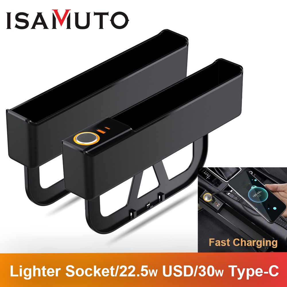 ISAMUTO 4 In1 Car USB Charger Seat Gap Filler Storage Box Phone Holder Organizer
