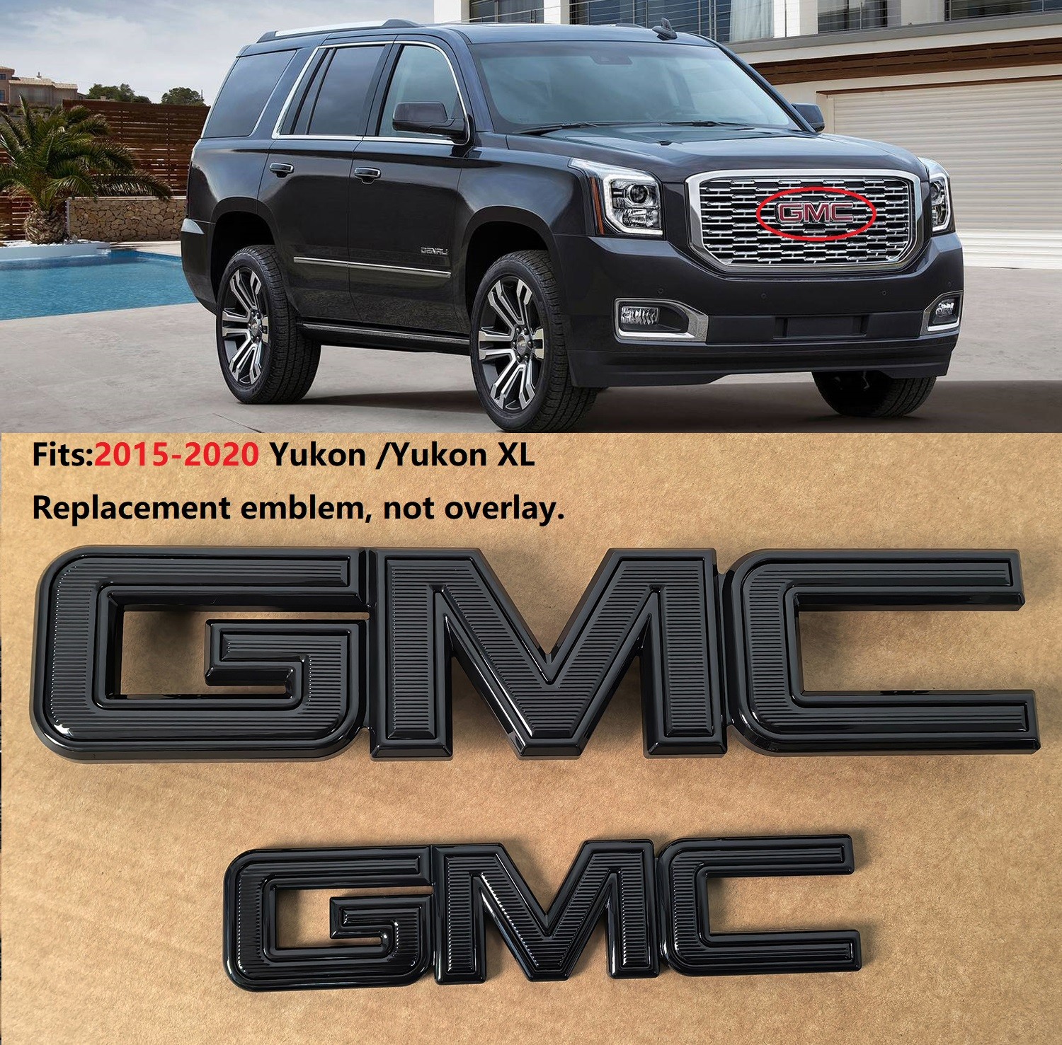 2015-2020 Kit OEM Grille & Rear GMC Emblem Badge for Yukon / XL Gloss Black