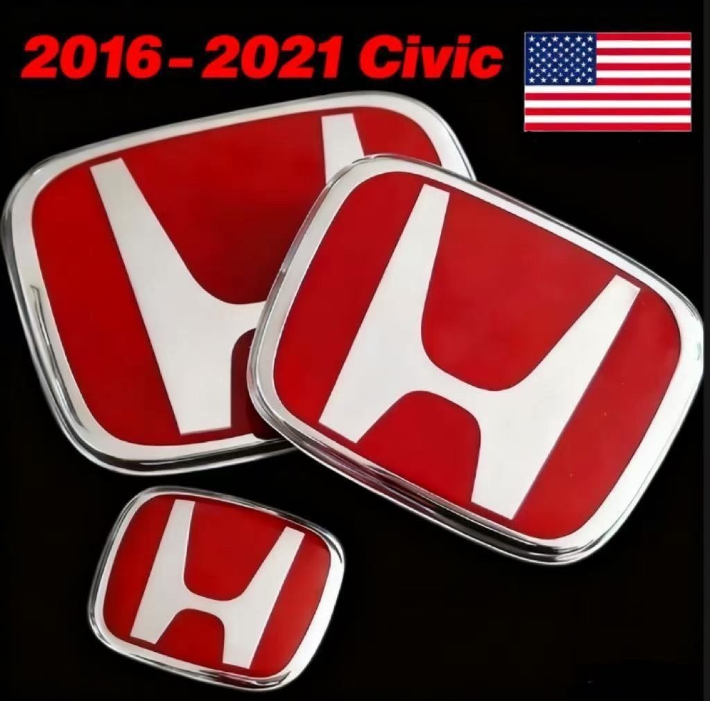 3PCS Red Front Emblem Rear Steering Badge For CIVIC SEDAN Si Se 2016-2021✅️