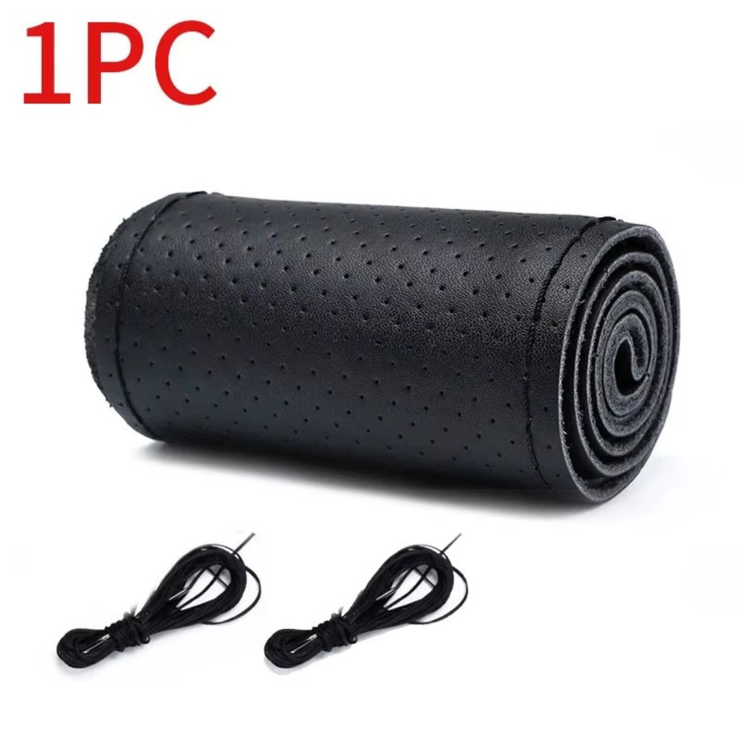 Genuine Leather DIY Car Steering Wheel Cover Anti-slip Black For 15″/38 cm Dia