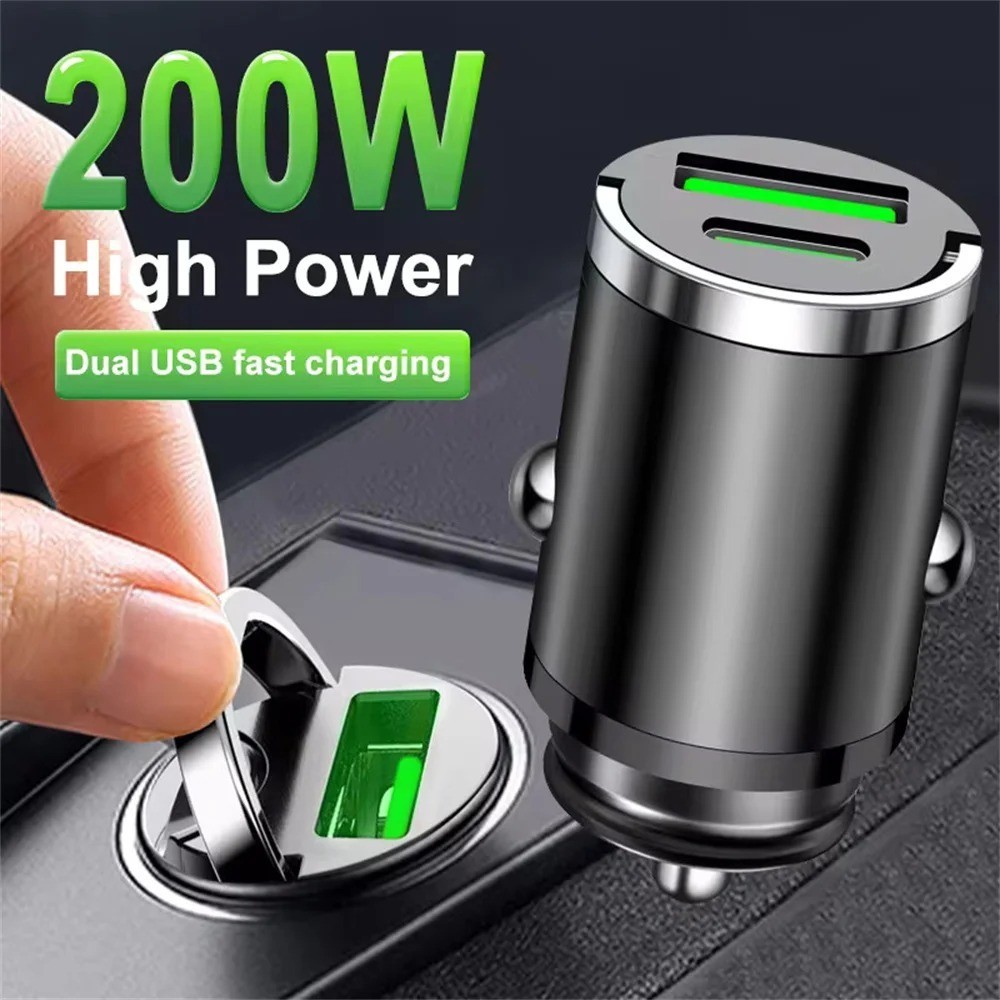 200W Mini Car Charger PD QC3.0 Fast USB C for iPhone Samsung Xiaomi PD QC30