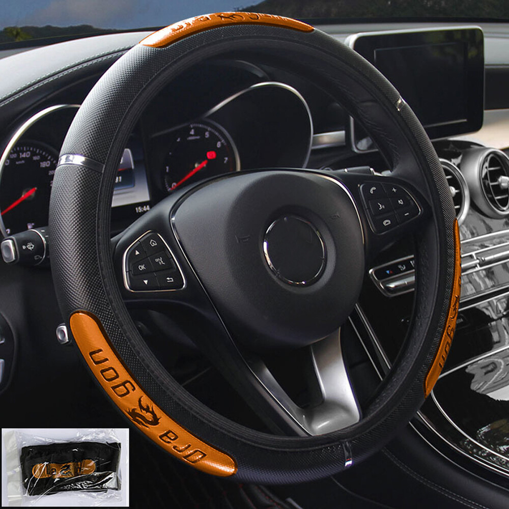 1x 15” Car Steering Wheel Cover Anti Slip PU Leather Orange+Black Accessories