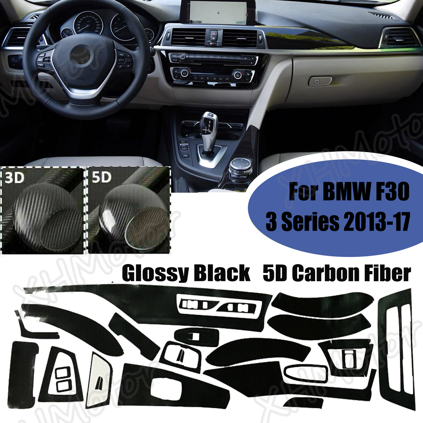 1 Set 5D Carbon Fiber Interior Trim Decal Sticker For BMW 3 Series 2013-2017 F30