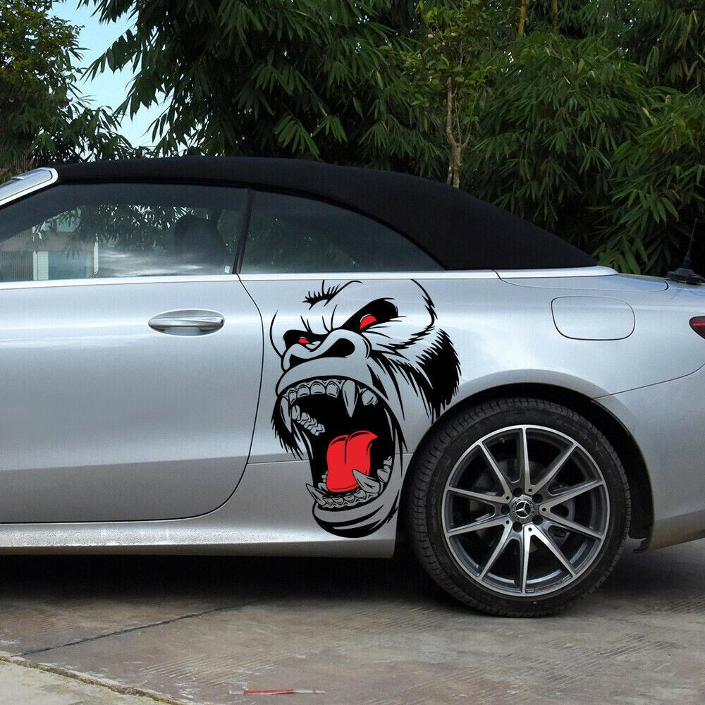 2pcs Black & Red Horror Ape Graphic Vinyl Decal Side Body Door Fender Stickers