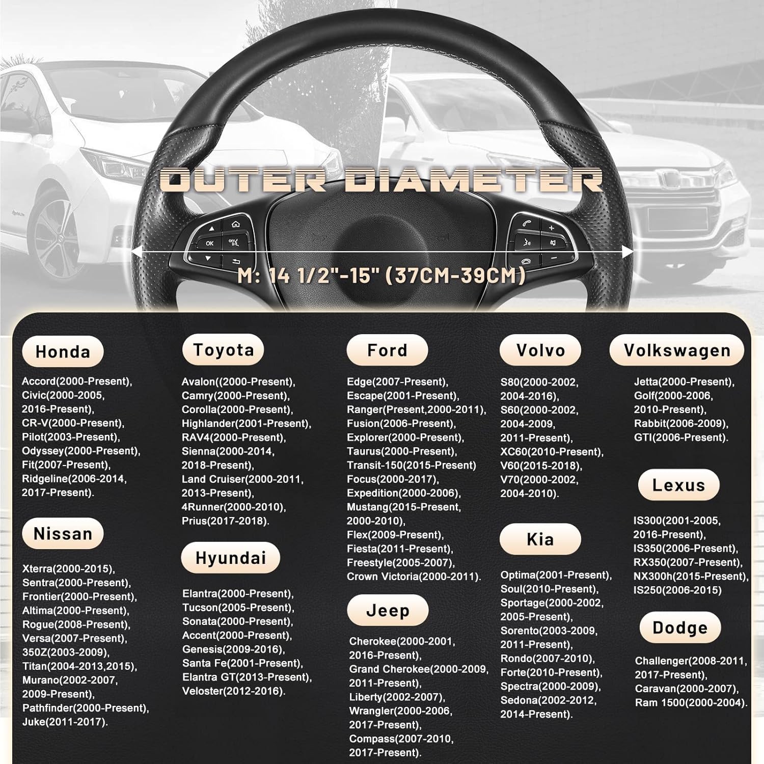Leather Carbon Fiber Grain Car Steering Wheel Cover Universal Size 14.5-15″