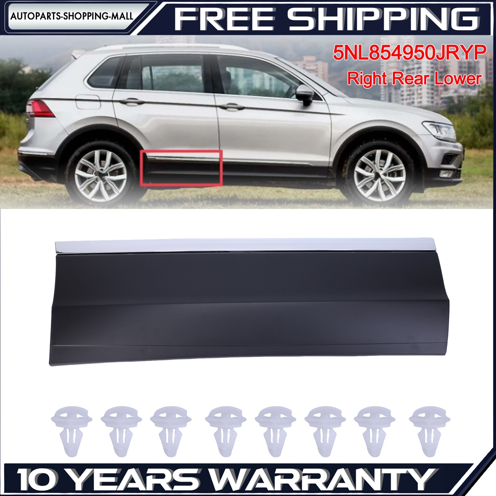 For 2018-21 Volkswagen Tiguan Right Rear Door Trim Molding Chrome/Black Painted