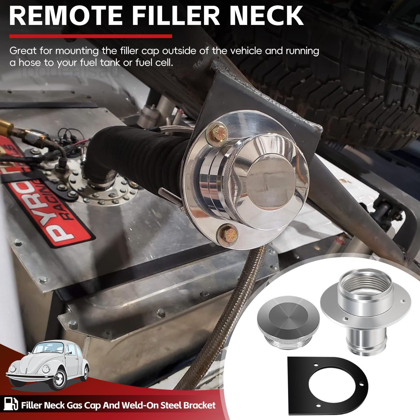 17-2530 Aluminum Remote Fuel Tank Filler Neck with Gas Cap & Weld-On Silver