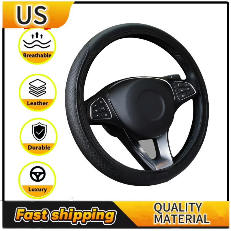 15″ Leather Car Auto Steering Wheel Cover Fit Good Grip Accessories Black US