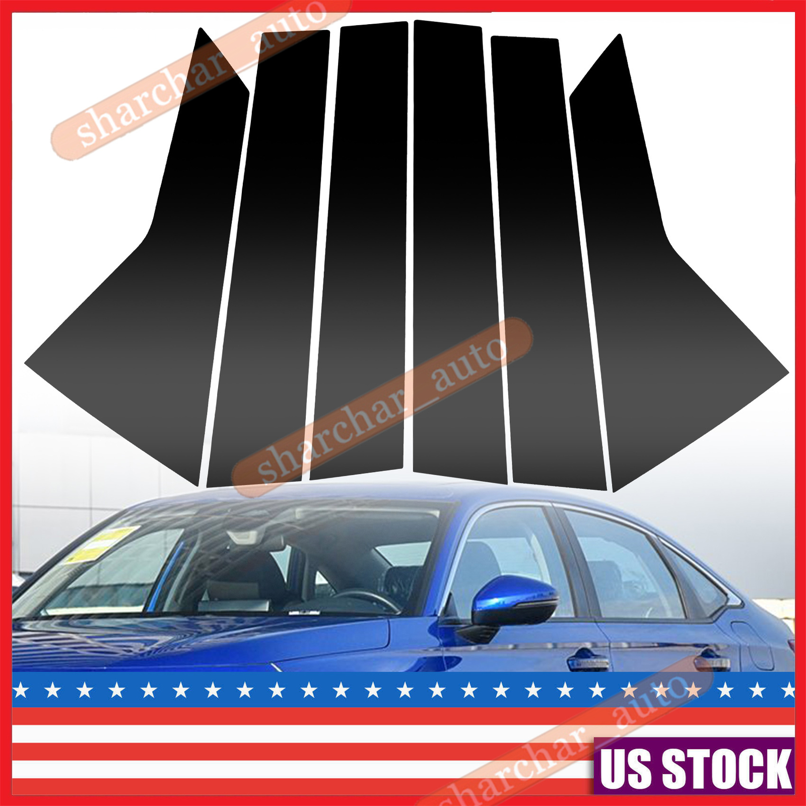 6pcs Pillar Post Door Trim Window Cover Black For Honda Civic Sedan 2022-2025 US
