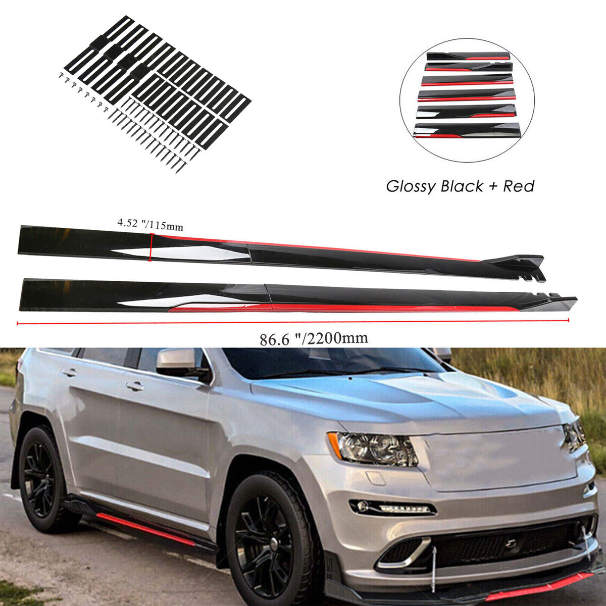 For Jeep Grand Cherokee 86.6″ Side Skirts Extensions Lip Gloss Black Trim