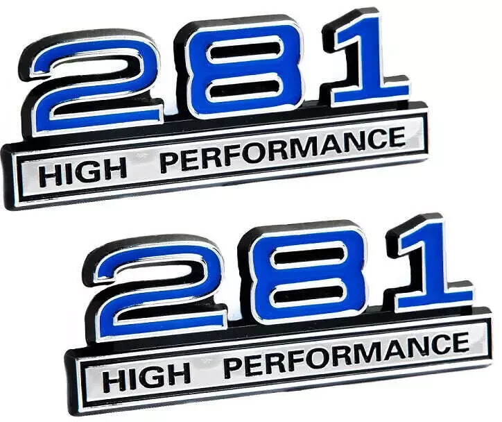 281 4.6 Liter High Performance Engine Emblems Logo Blue & Chrome – 4″ Long Pair