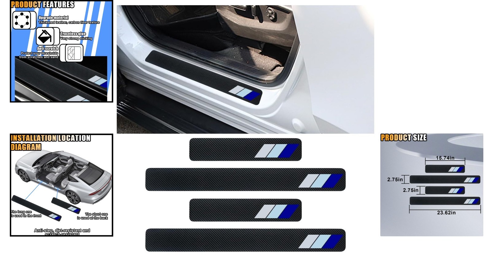 4PCS Tri-Color Carbon Fiber Door Sill Protectors – Universal Fit & Easy Install