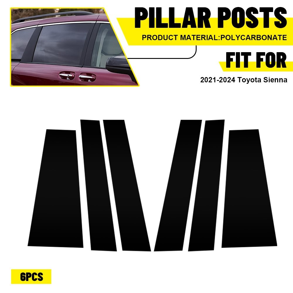 6pcs Pillar Post Door Window Cover For Toyota Sienna 2021-2024 Gloss Black Trim