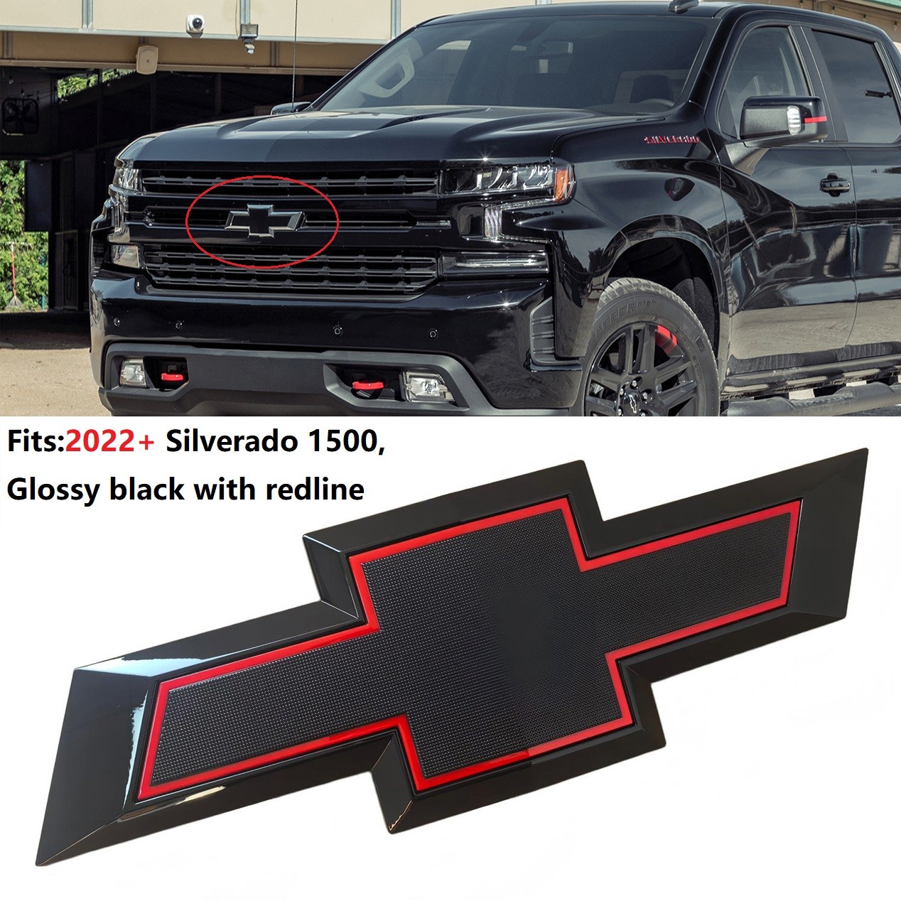 OEM 2022+ Front Grille Bowtie Emblem for Silverado 1500 Gloss Black Redline