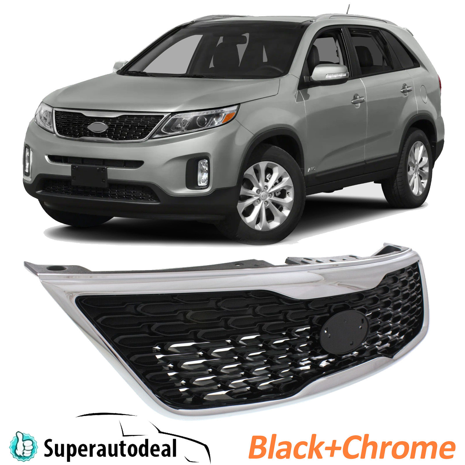 Black Front Bumper Upper Grille Grill W/Chrome Trim Fit 2014 2015 Kia Sorento