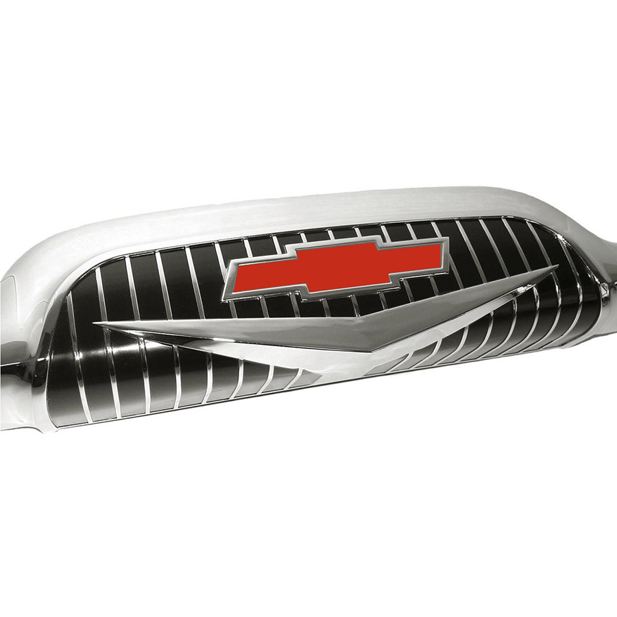 1956 CHEVROLET V8 TRUCK HOOD EMBLEM BLACK PAINTED DETAILS W/ RED BOWTIE CHROME
