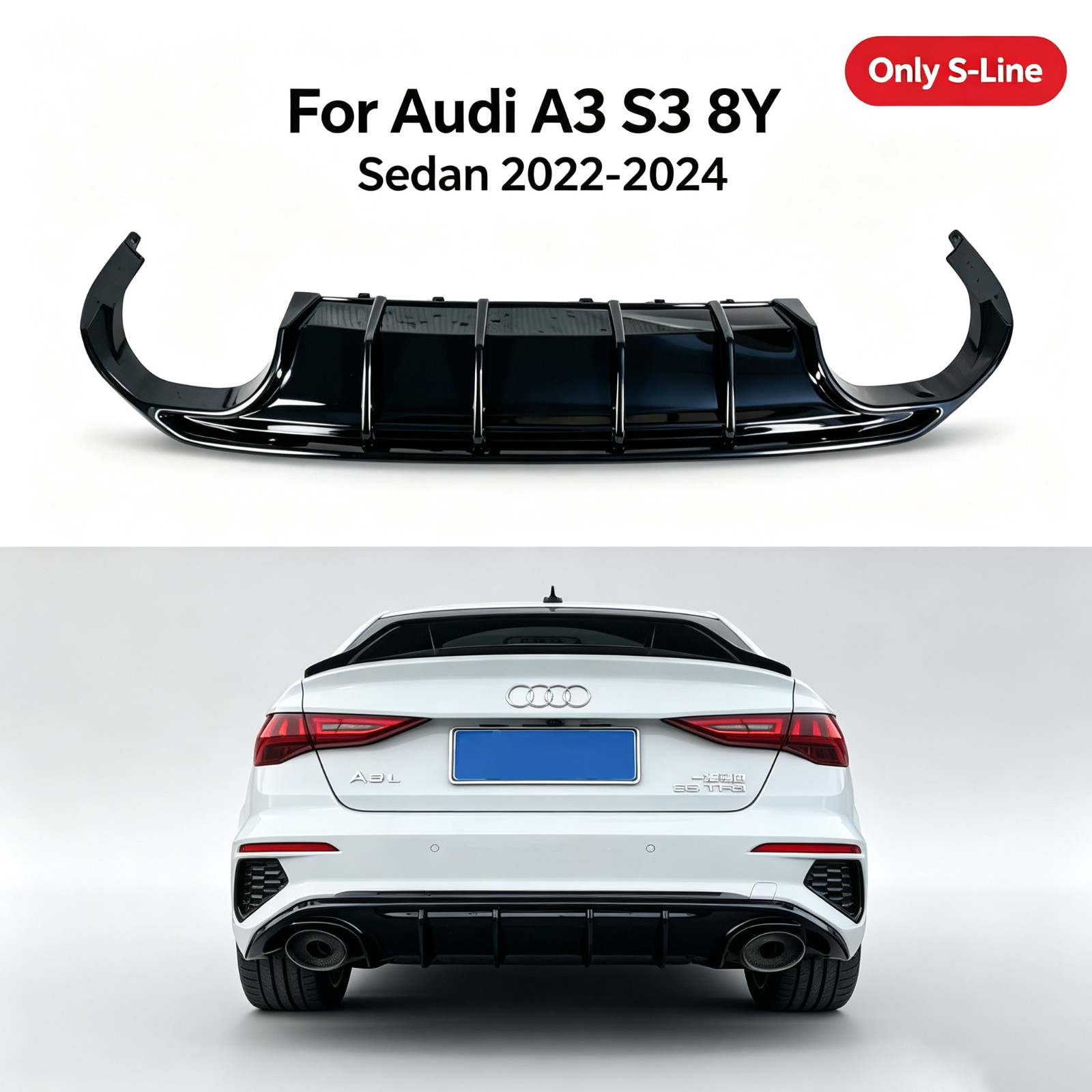 Rear Bumper Diffuser Splitter For Audi A3 S3 8Y S-Line Sport Sedan 2022-2024