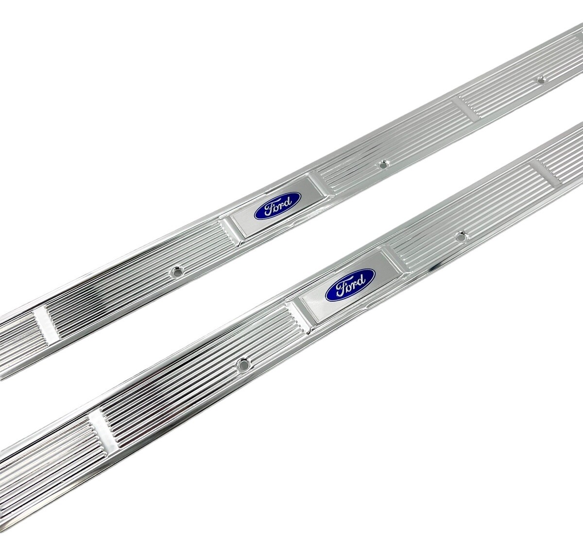 Pair Door Sill Scuff Plates w/ Blue Decals For 1971-1973 Ford Mustang