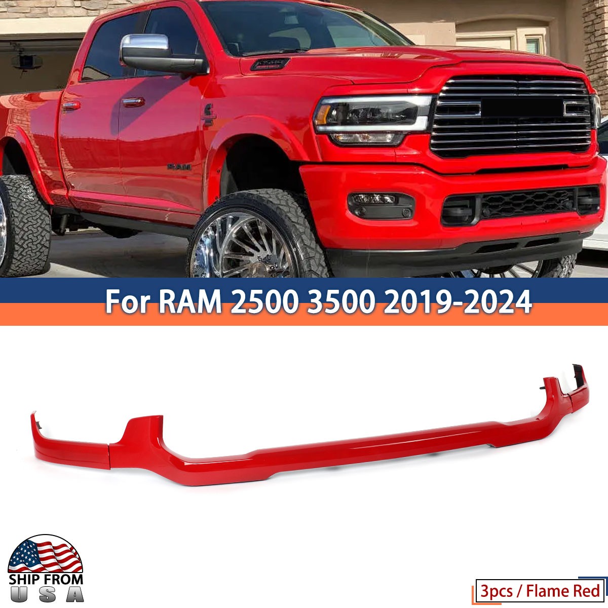 For RAM 2500 3500 2019-2024 Flame Red Front Lower Grille Trim Headlight Molding