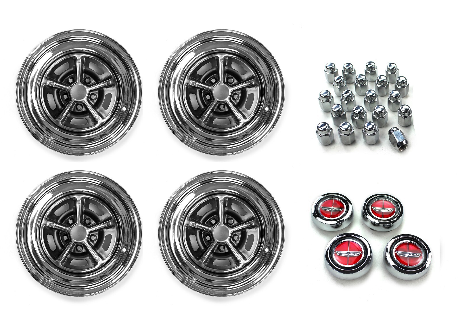 Magnum 500 Wheels Kit with Red Ford Crest Wheel Caps and Lug Nuts 15″ X 7″