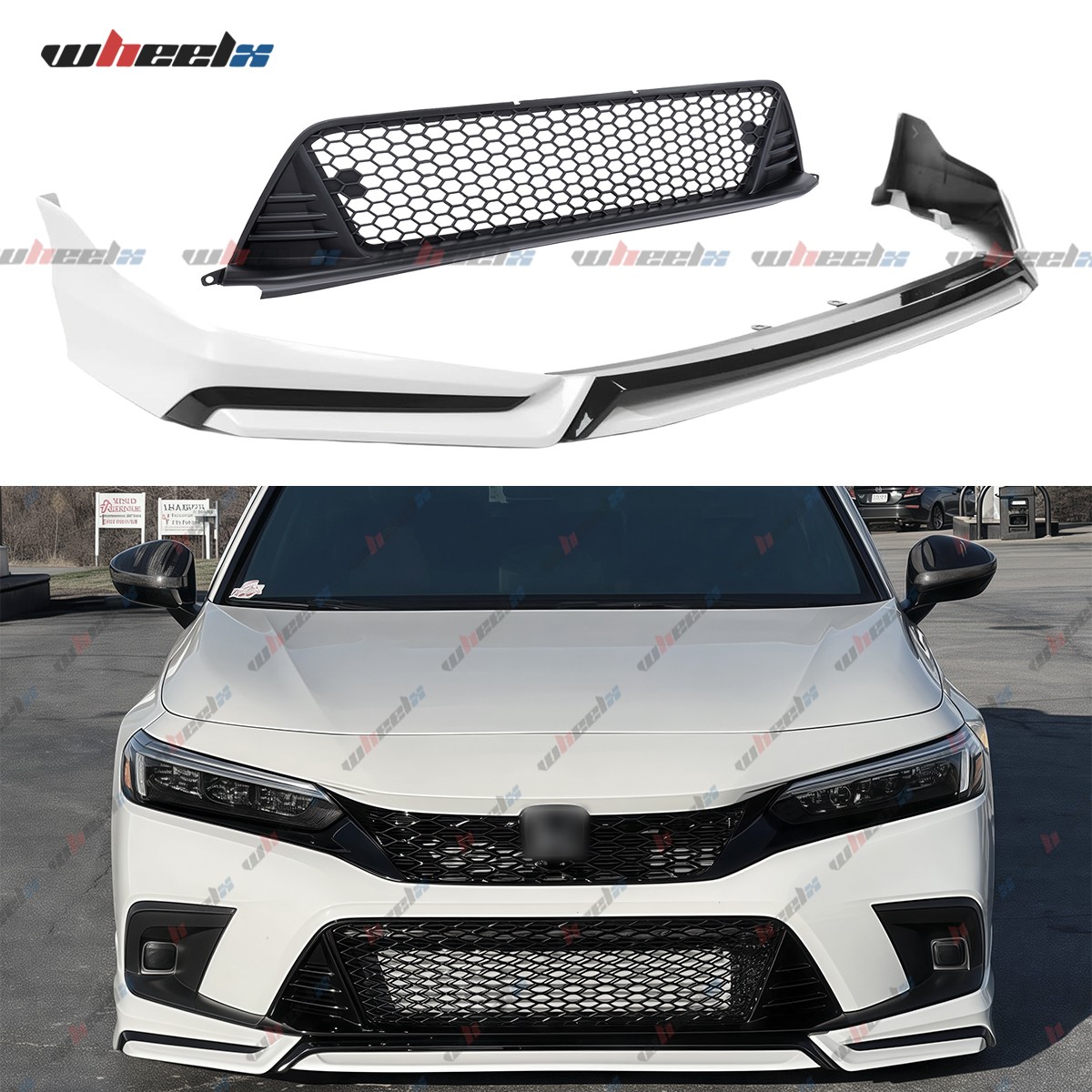 Pearl White Yofer Style V3 Front Bumper & Honeycomb Grille For 22-24 Honda Civic