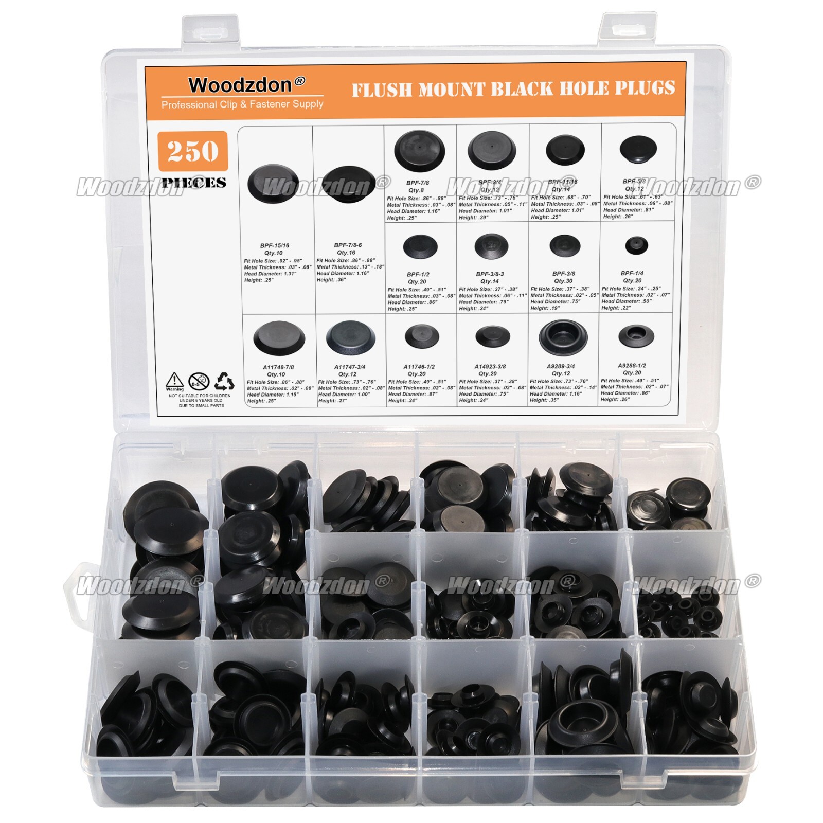 250pcs Auto Body Black Plastic Hole Plug Button and Flush Mount Sheet Metal Plug