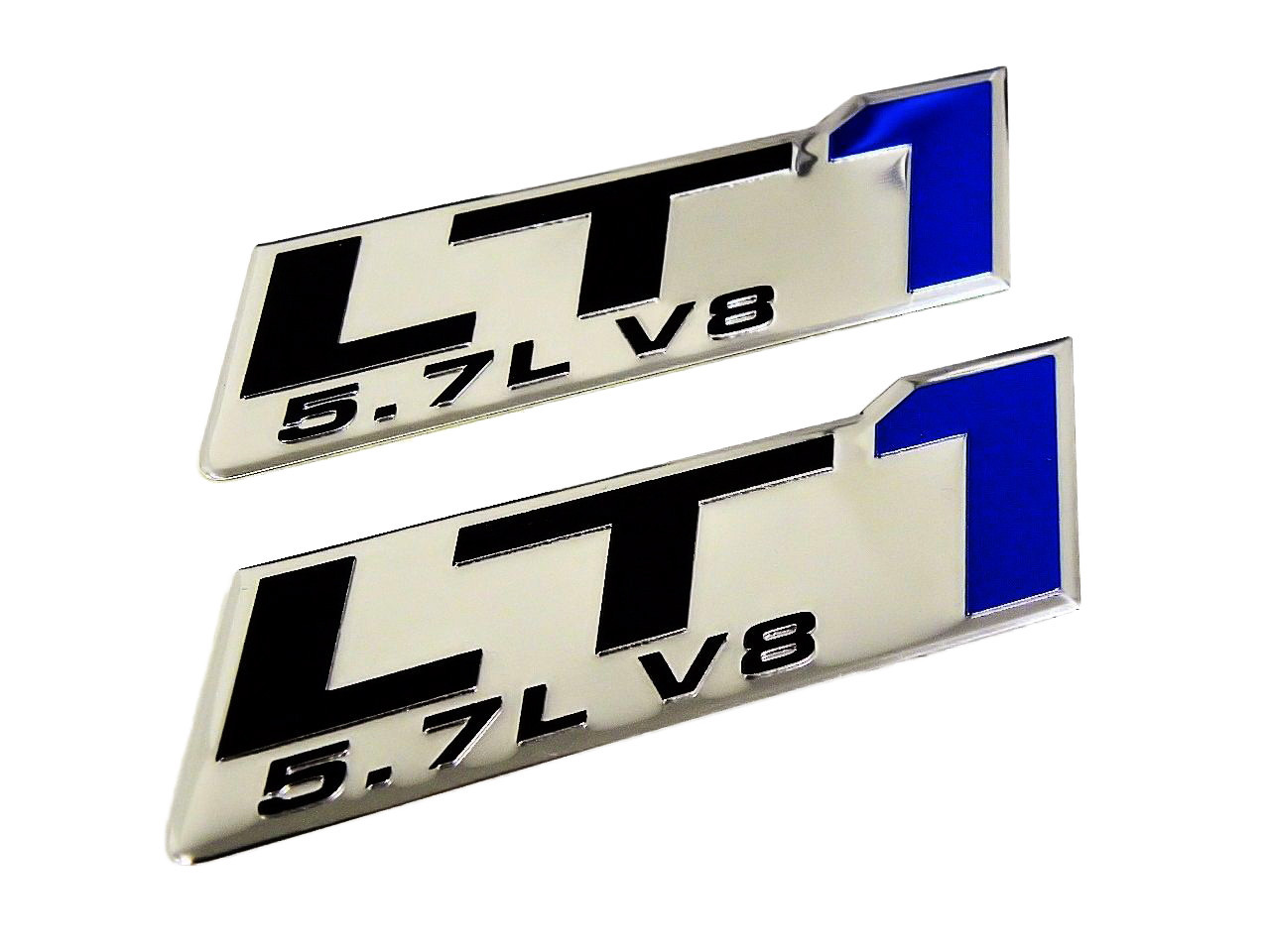 2 GM CHEVY CHEVROLET LT1 5.7L V8 ENGINE EMBLEMS BADGE CHROME SILVER BLUE PAIR