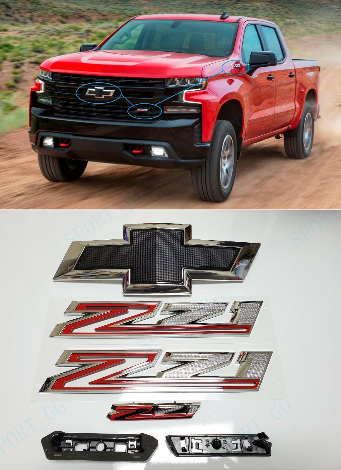 4PCS 2019-2021 Silverado 1500 Bowtie Grille Front Fender Z71 Emblem Chrome/Red