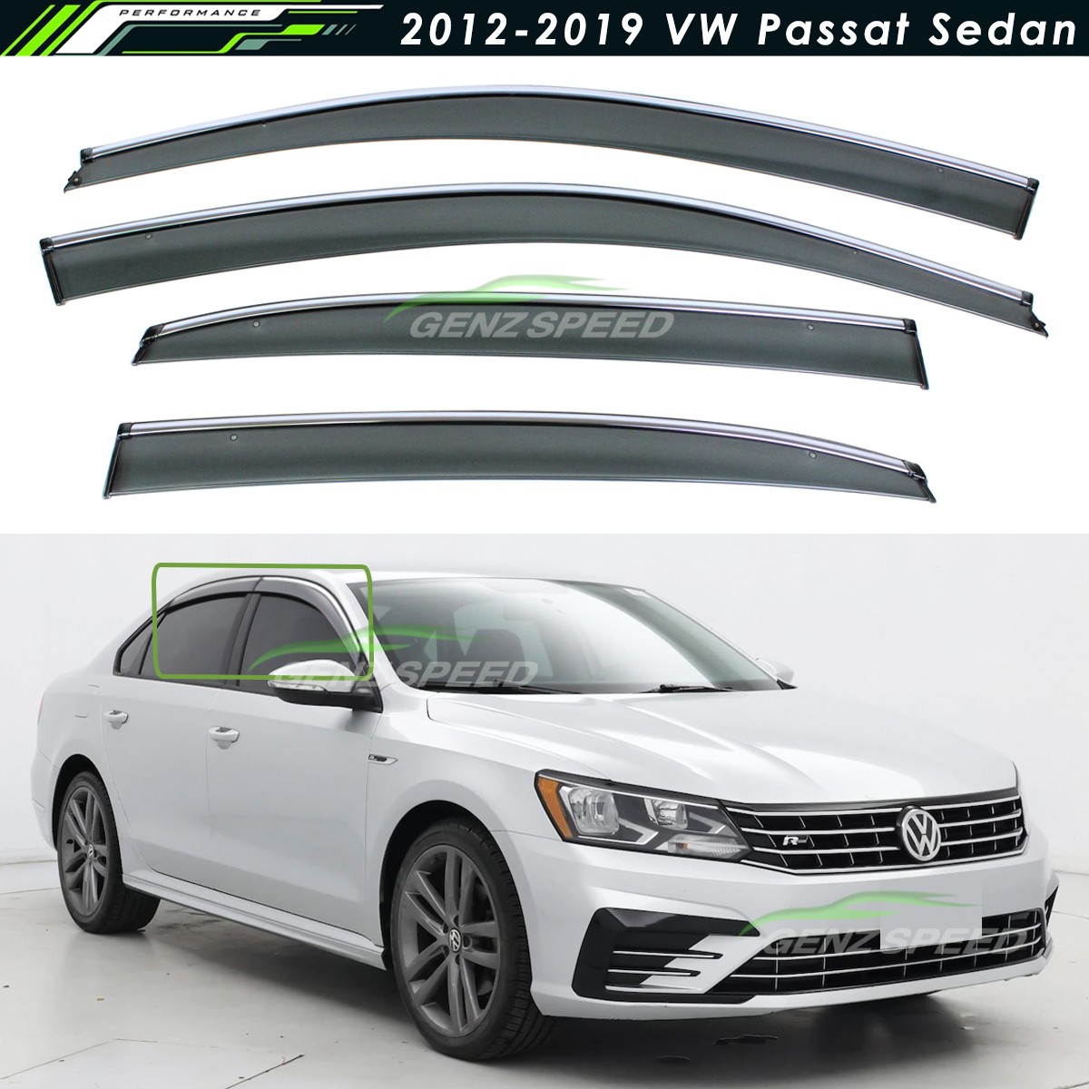 For 2012-2019 VW Passat Smoke Tinted Chrome Trim Clip On Window Visor Rain Guard