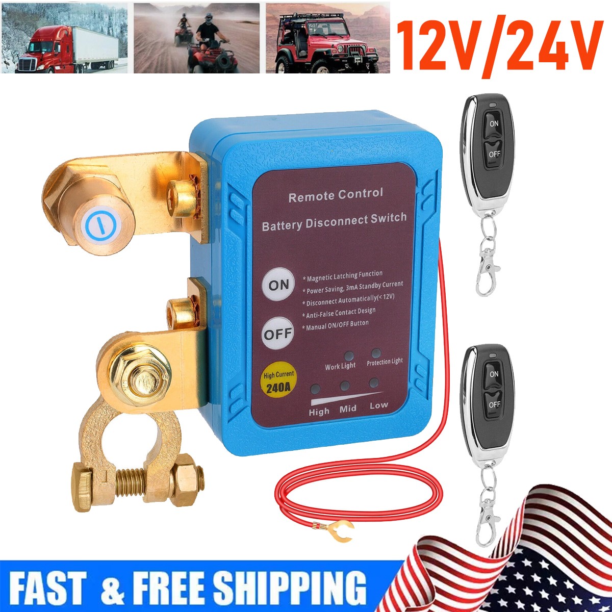 12V 240A Remote Battery Disconnect Switch Battery Kill Switch For Car RV ATV US