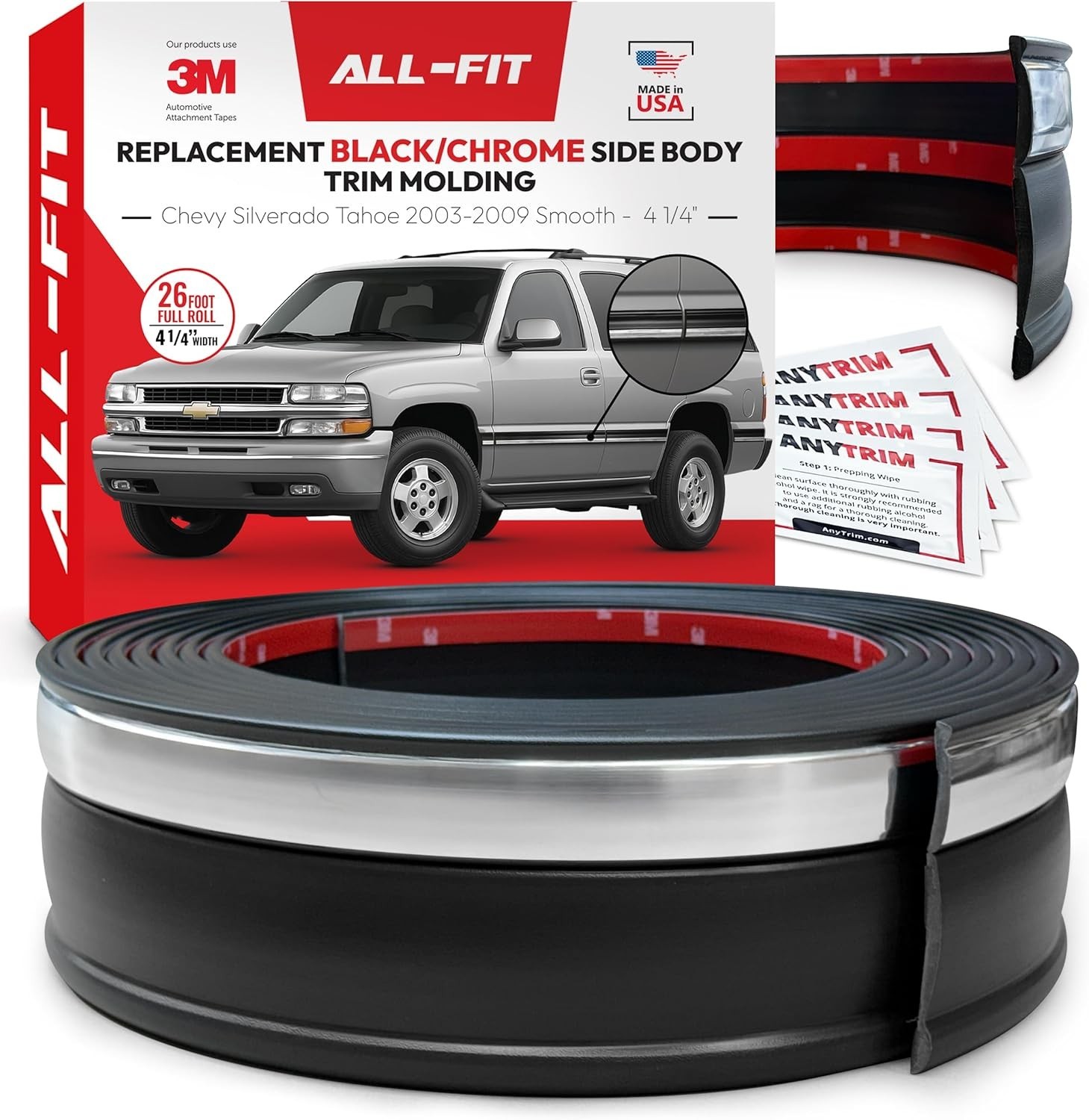ALL-FIT Black/Chrome 4 1/4″ Smooth Side Molding Trim 03–09 Chevy Silverado Tahoe