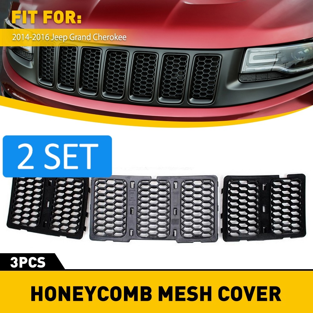 2SET Front Mesh Honeycomb Insert Grill Black For 2014-2016 Jeep Grand Cherokee