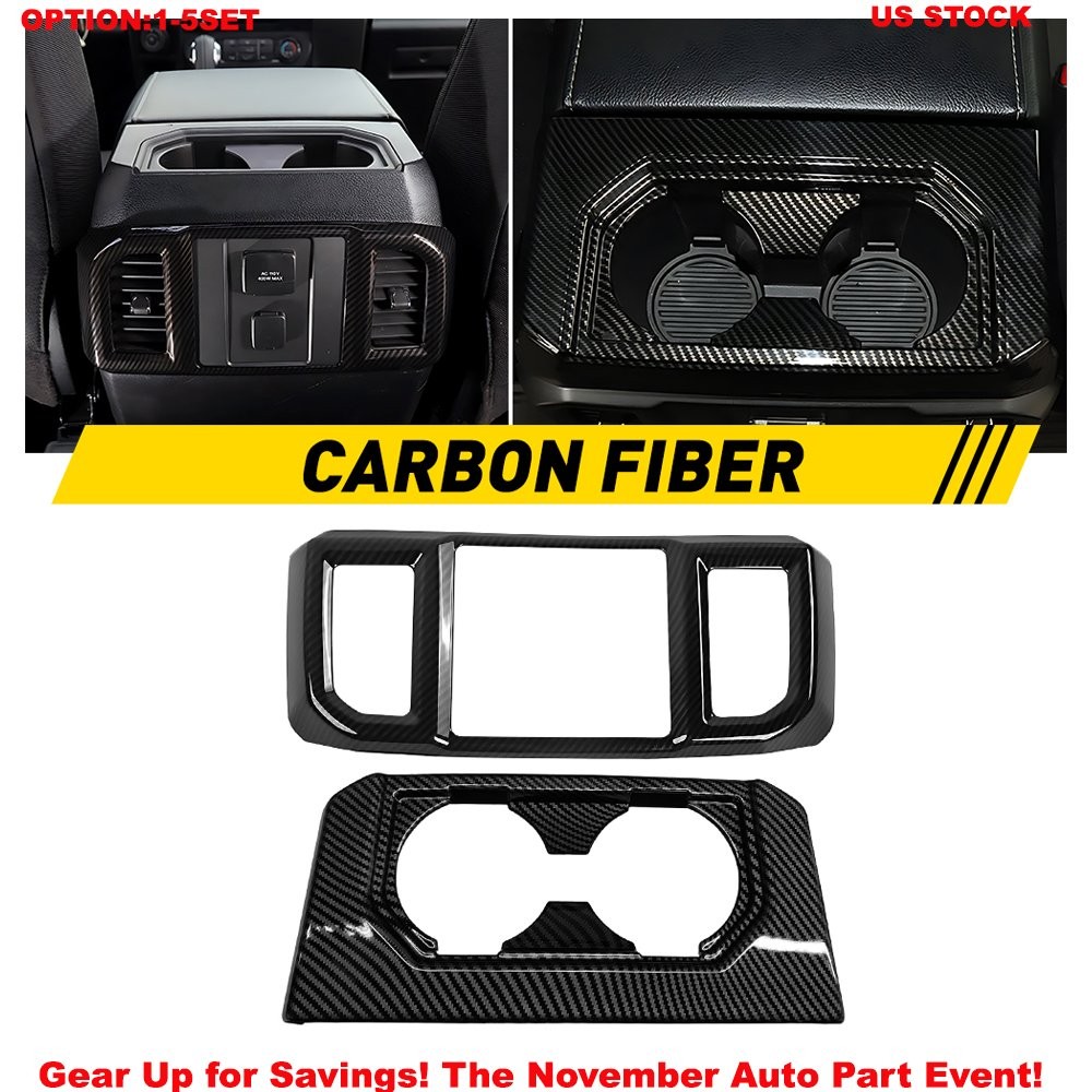 Carbon Fiber Cup Holder Trim & Air Vent Outlet Cover Rear For 2015-20 Ford F150