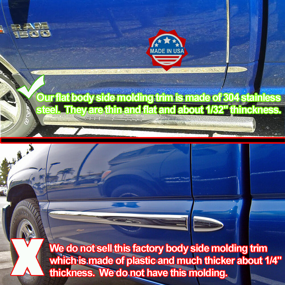 fit:1998-2001 Dodge Ram Regular Cab Flat Body Side Molding 4Pc Trim 1.5″
