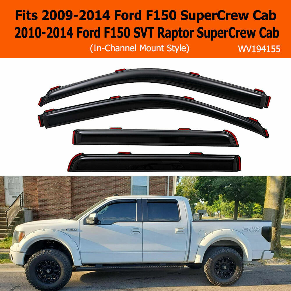 In-Channel Window Vent Visor Sun Rain Guards For 2009-2014 Ford F-150 Super Crew