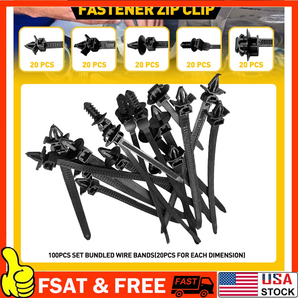 100pcs Mixed Cable Tie Bundled Car Wire Harness Line Fastener Zip Clip Bands. B