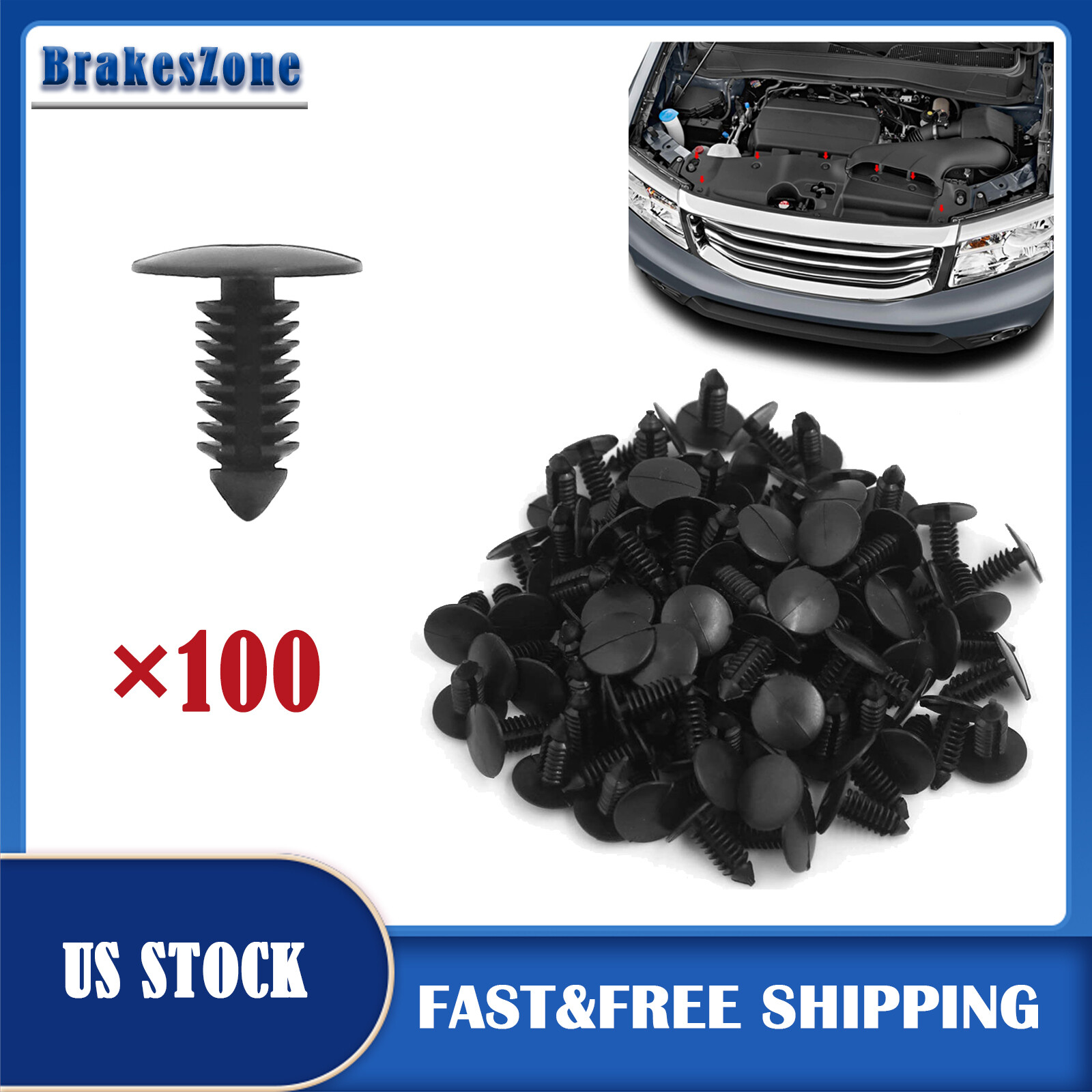 100Pcs Bumper Clips 8mm Fastener Fender Auto Car Hole Push Pin Plastic Rivets