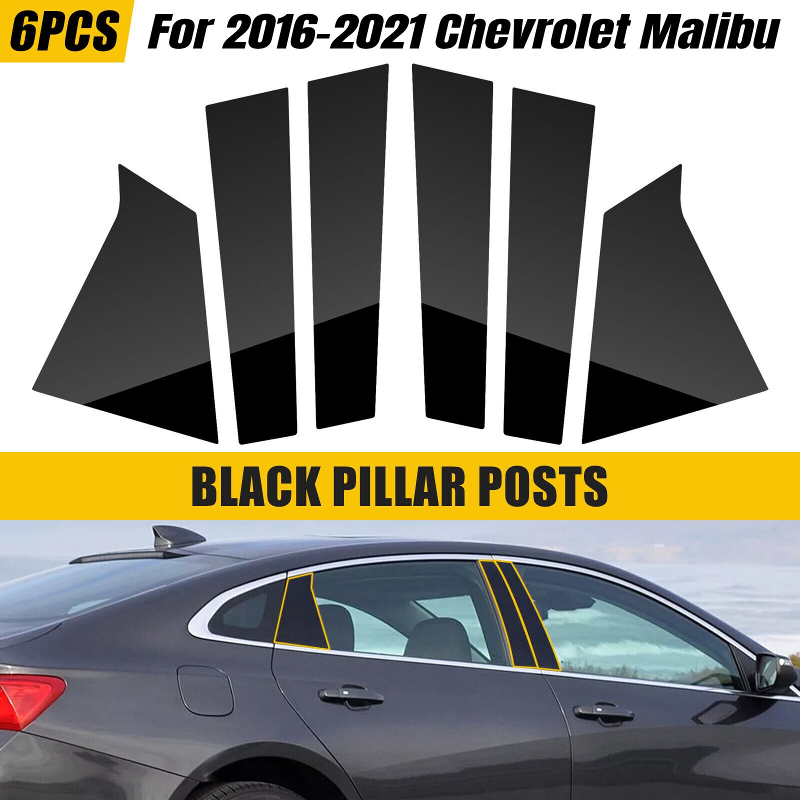 6pc Set Glossy Black Pillar Posts Door Trim For Chevrolet Malibu 2016-2021 US
