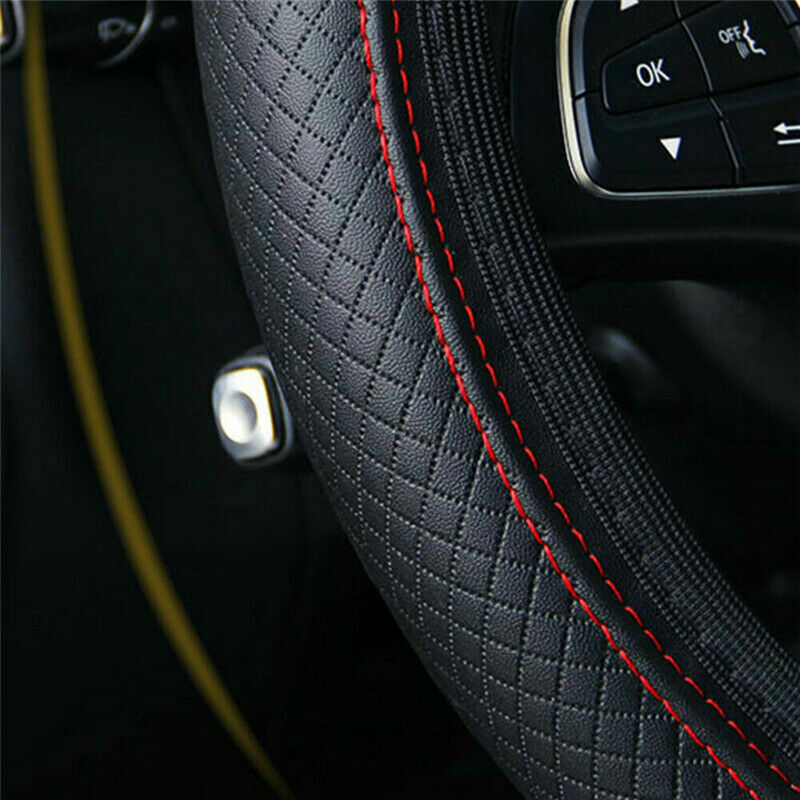PU Leather Car Steering Wheel Cover Black-Red for Good Grip Auto Accessories 15″