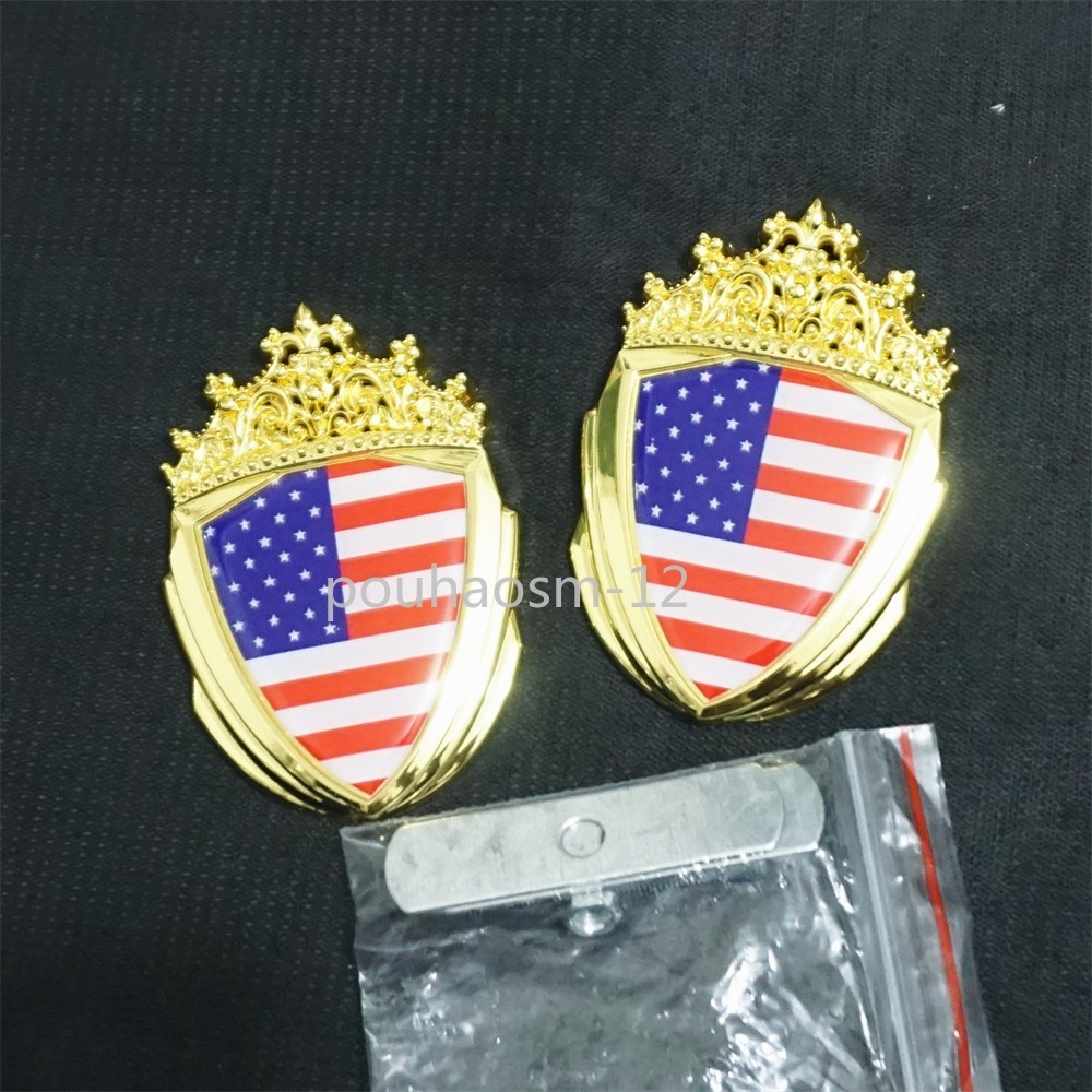 USA Flag Golden Chrome Crown Metal Grille Emblem + Badge America Sticker Limited
