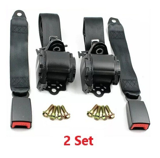 2 Retractable 3 Point Safety Black Seat Belt Straps Vehicle Adjustable Belt Kit